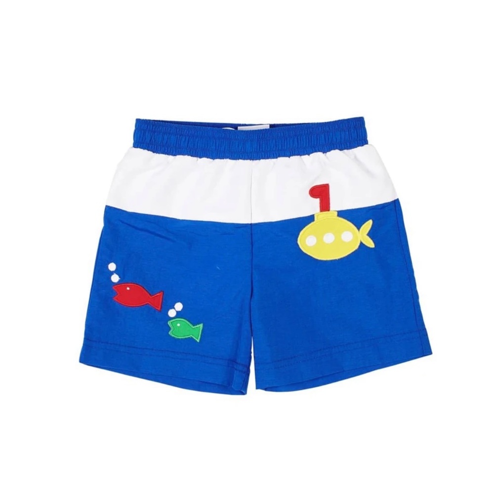 Worn once, 
Florence Eiseman Royal Swim Trunks w/Submarine